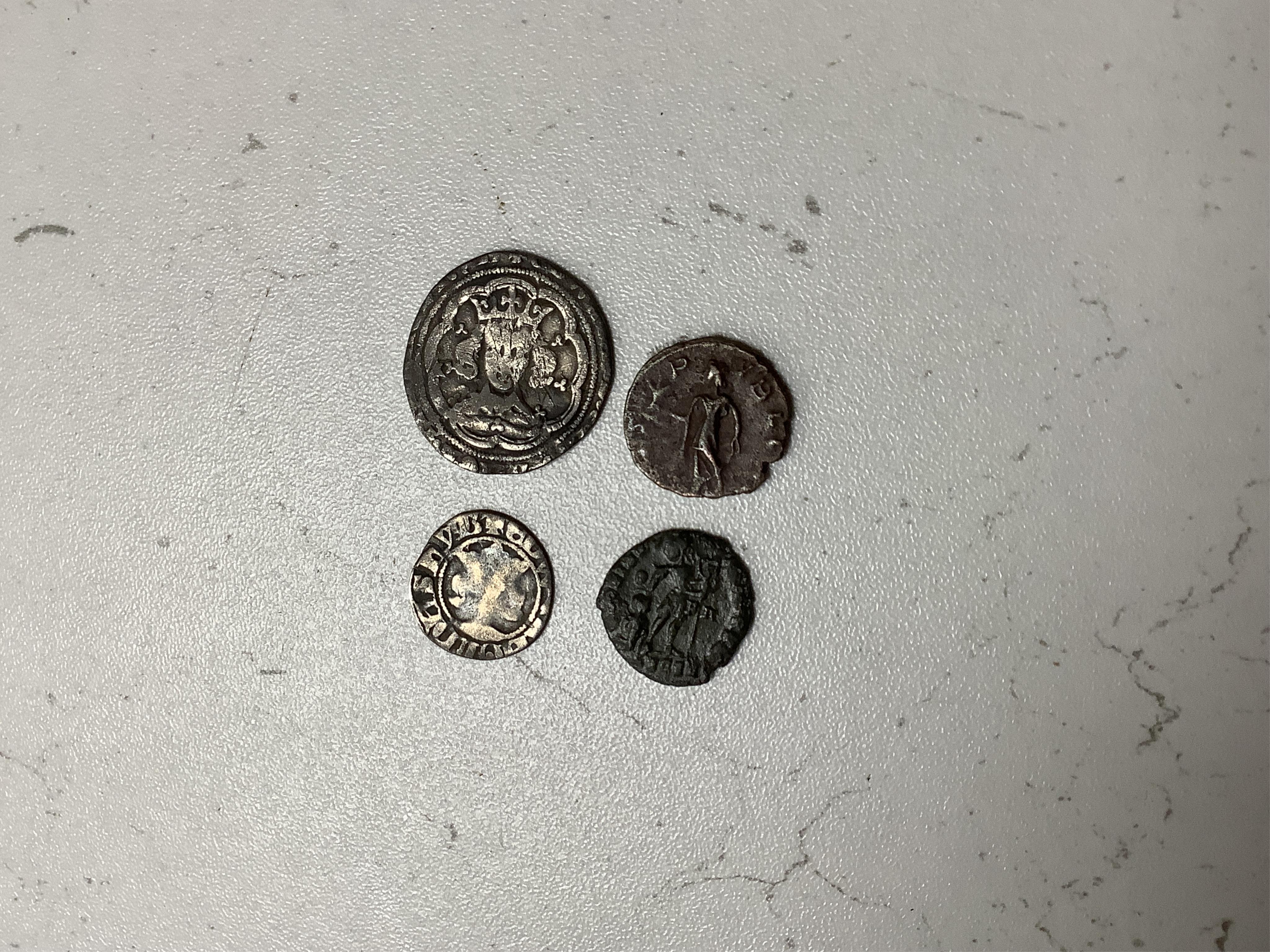 British Hammered coins, including a groat, Charles I shilling, Edward penny, two Roman AR denarius, other coins